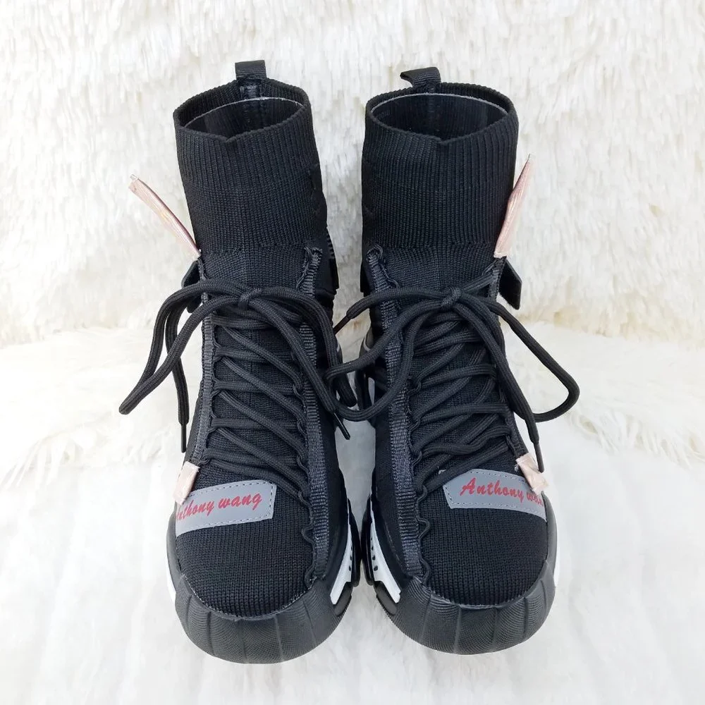 Wang Damson Black Knit Pull On Platform Sneaker Boots 4" Hidden Wedge NIB_10